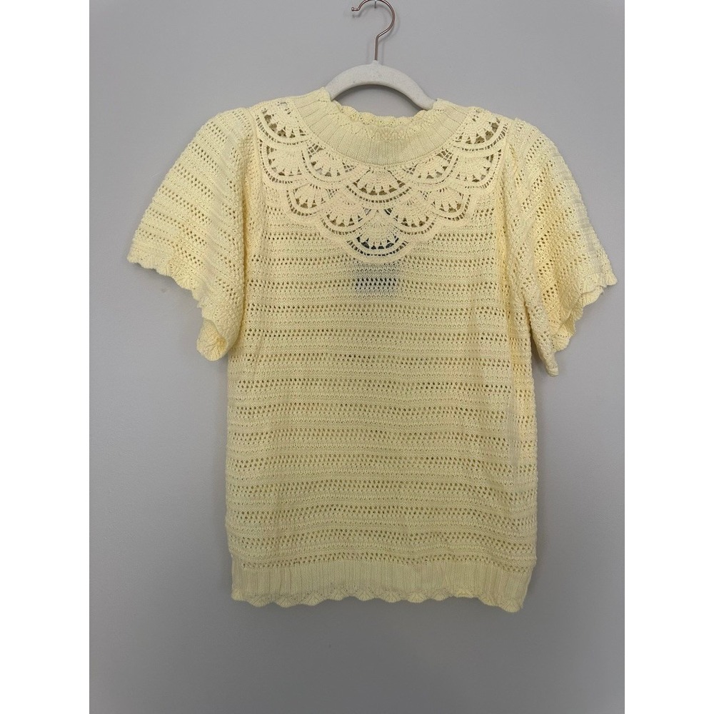 NWT Democracy Womens XS Yellow Crochet Lace Knit Sweater Cottage Retro